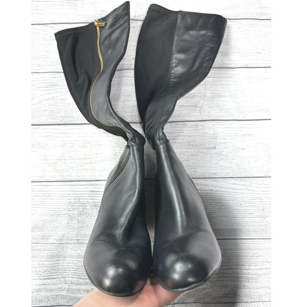 Michael Kors Arley Black Leather Stretch Back Wedge Tall Boots Gold Zip Size 9M